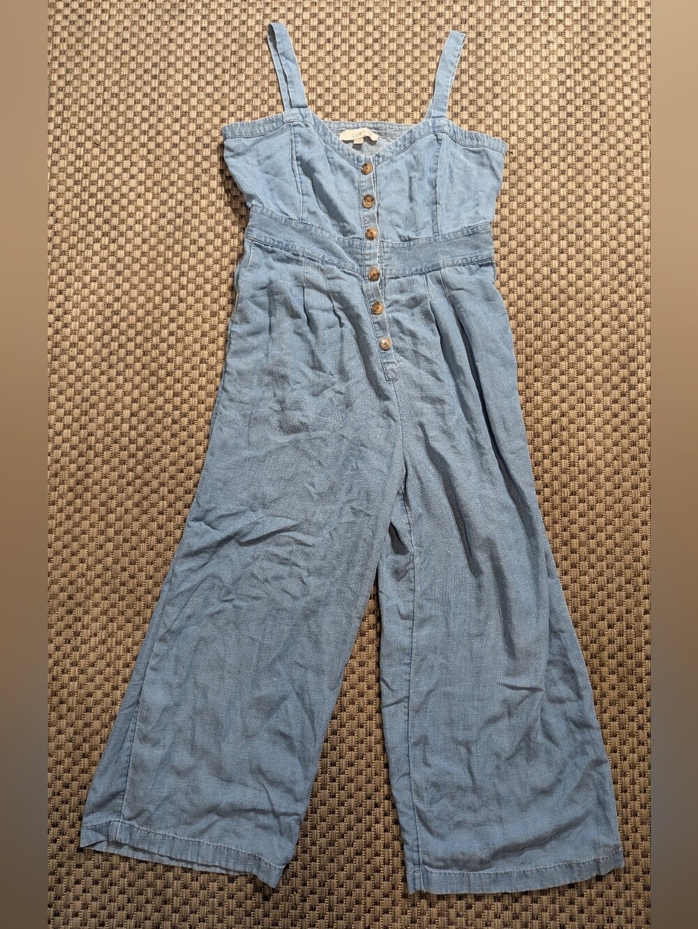LOFT Strappy Denim Chambray Wide Leg Button Up Jumpsuit size 4